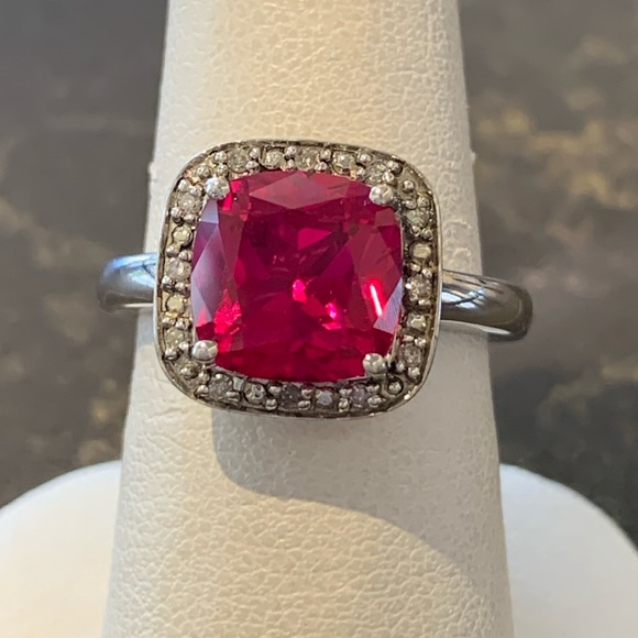 Sterling Silver Synthetic Ruby & Diamond Halo Ring - Picture 1 of 5